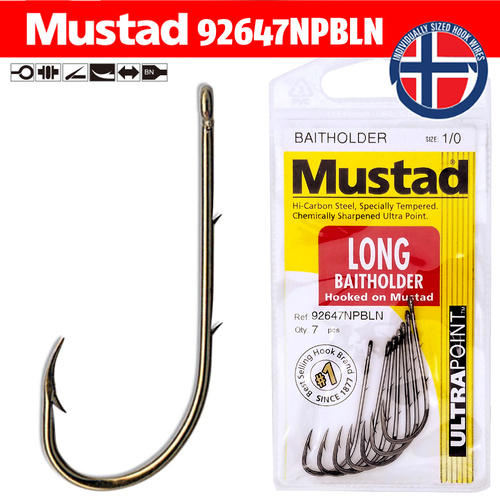 Mustad Long Baitholder Hooks [Quantity: 1 Packet] [Size: 8 - 10 pcs]
