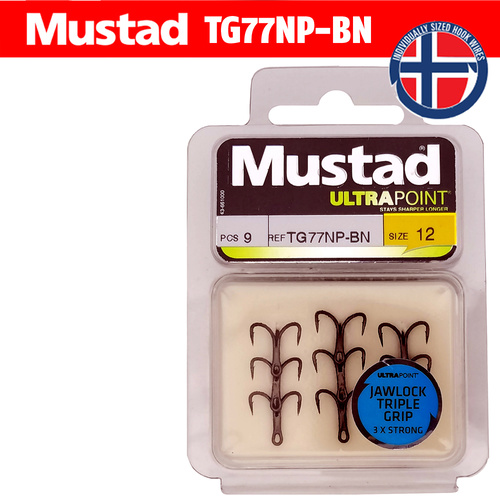 Mustad Jawlock Triple Grip Treble Hooks TG77NP-BN